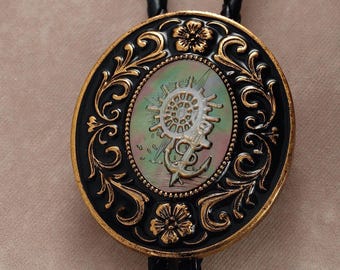Nautical Anchor & Helm Bolo Tie: Black Mother of Pearl Oval Western Cowboy Necktie