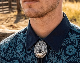 Corbata bolo de ónix negro con herradura, corbata vaquera para hombre, corbata vaquera de latón, broche convertible
