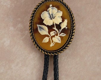 Ivory Rose Oval Bolo Tie: Western Cowboy Wedding Necktie, Vintage Caramel Flower Cameo Necklace