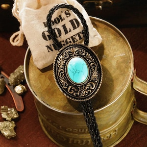 Black and Gold Bolo Tie for Men, Cowboy Necktie with Turquoise Stone, Southwestern Leather Cord Oval Men&#39;s Accessory
