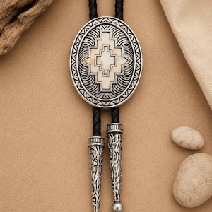 Southwestern Brass Bolo Tie for Men, Silver Western Necktie with Mother of Pearl Style Resin