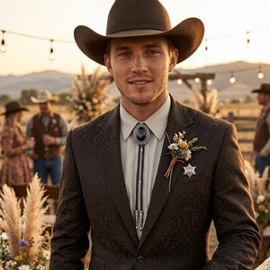 May include: A man wearing a brown cowboy hat and a dark brown patterned suit with a bolo tie and a sheriff's badge. The background shows an outdoor event with string lights and other people.