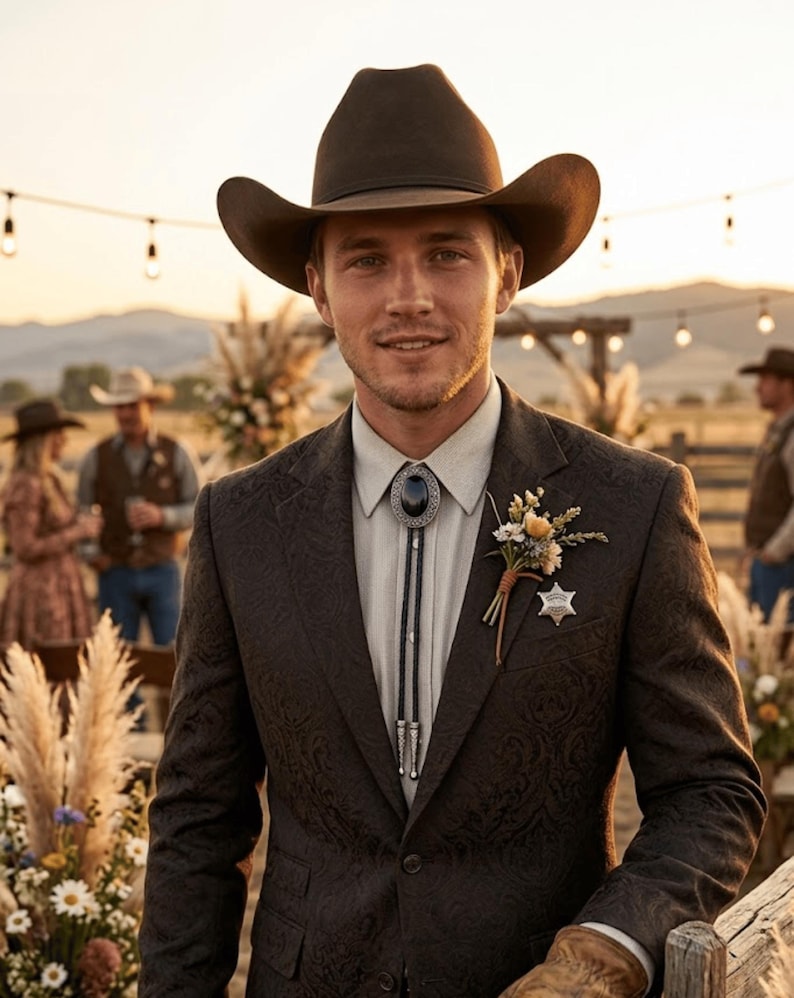 May include: A man wearing a brown cowboy hat and a dark brown patterned suit with a bolo tie and a sheriff's badge. The background shows an outdoor event with string lights and other people.