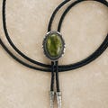 Green Stone Bolo Tie: Vintage Silver Slide, Western Cowboy Jewelry, Leather cord