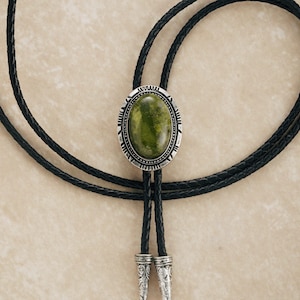 Green Stone Bolo Tie: Vintage Silver Slide, Western Cowboy Jewelry, Leather cord