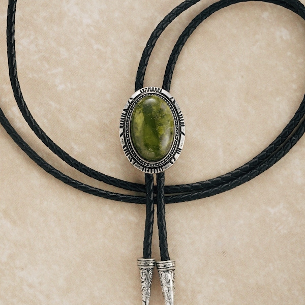 Grüne Steine Bolokrawatte: Vintage Silver Slide, Western Cowboy Schmuck, Lederband