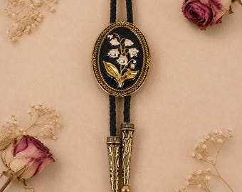 Vintage Lily of the Valley Bolo Tie for Groom, Black Enamel Floral Wedding Necktie, Gold Western Cowboy Tie for Men