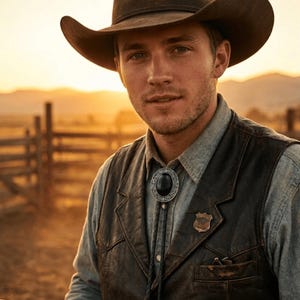 May include: A man wearing a brown cowboy hat, a leather vest, and a bolo tie with a black stone pendant. The background features a sunset over a rural landscape.