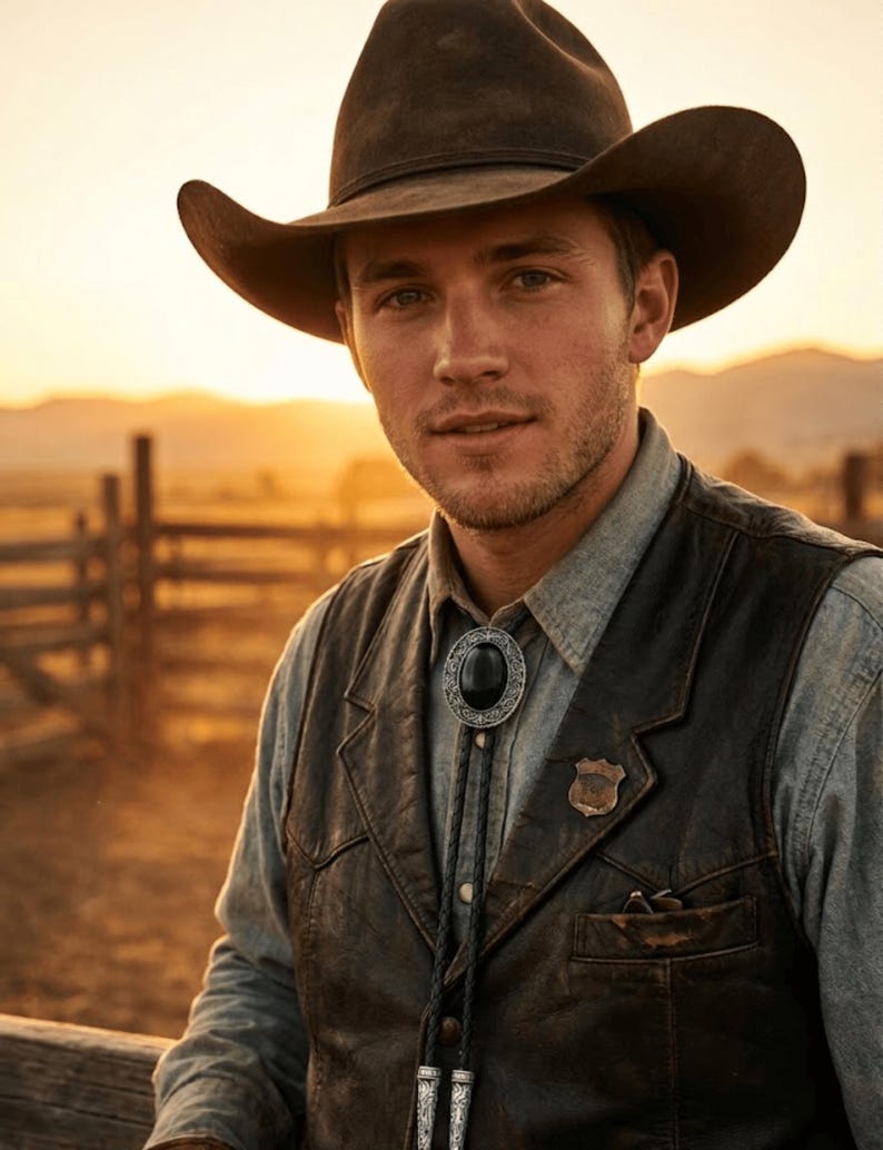 May include: A man wearing a brown cowboy hat, a leather vest, and a bolo tie with a black stone pendant. The background features a sunset over a rural landscape.