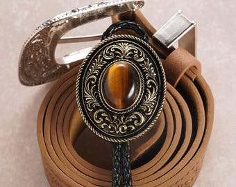 Corbata bolo del suroeste: Bordado dorado, corbata vaquera con piedra ojo de tigre