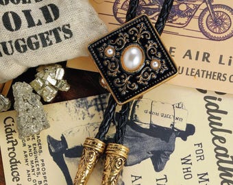 Square Pearl Bolo Tie for Men Women, Vintage Black Gold Western Cowboy Necklace, Wedding Bolo Ties, Flora Necktie for Groomsmen