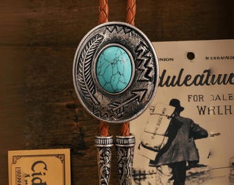 Western-turkoois stropdas: vintage handgemaakte cowboystropdas met zilveren pijldessin