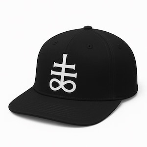 May include: Black baseball cap with a white Leviathan cross symbol on the front. The cap has a curved brim and a button on top. The symbol is a double cross with an infinity symbol at the bottom.