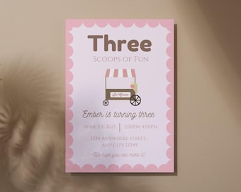 Three Scoops of Fun Birthday Invitation - Ice Cream Theme 3rd Birthday Invite - Editable Girl Party Template - Instant Download