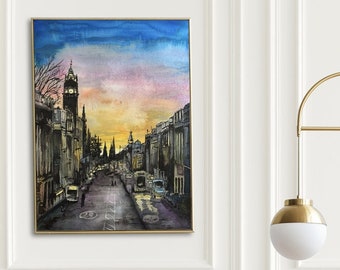 Auld Reekie Edinburgh Waterloo Place Calton Hill Princes Street Art Poster Print from Original Painting by Cat Paschal Dolch