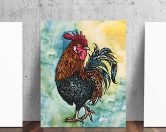 The Rooster - Le Coq - from Original Watercolor Pen and Ink by Cat Paschal Dolch Art Poster Print