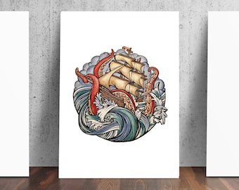Abandon Ship Kraken Pirate Ship Tattoo Art Print
