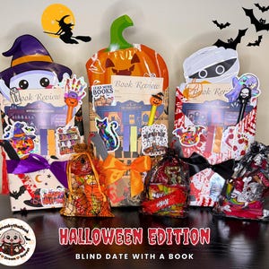 May include: Three Halloween-themed blind date with a book packages featuring a witch, a pumpkin, and a mummy topper. Each package includes a book review card, decorative stickers, a pen, and a small organza bag filled with assorted candy.