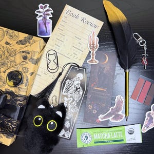 May include: A collection of gothic-themed stationery and accessories, including a black feather pen, bookmarks, stickers, a plush cat, and a wrapped gift box. The items are arranged on a dark surface, creating a moody aesthetic.