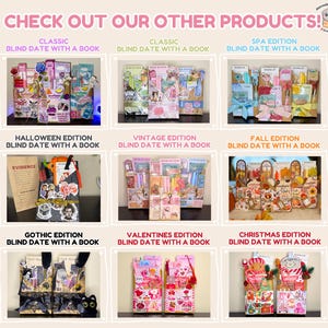 May include: A promotional image showcasing various "Blind Date with a Book" editions. The image features themed packages for Classic, Spa, Halloween, Vintage, Fall, Gothic, Valentine's, and Christmas. Each package is decorated with themed items and text.