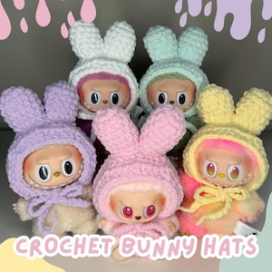 Gorro de conejito de ganchillo Labubu / Ropa Labubu / Accesorios Labubu / Gorro Labubu / Ropa para muñecas / Gorro de chenilla Labubu