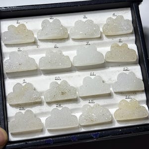 May include: A collection of sixteen small, white, cloud-shaped mineral carvings with a textured, crystalline surface. Each piece is individually numbered from 1 to 16 and arranged in a black display tray with white slots for organisation.