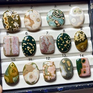 Puede incluir: Una colección de catorce piedras preciosas cabujón pulidas, lisas, ovaladas y rectangulares dispuestas en una bandeja de exhibición. Cada piedra presenta patrones únicos, incluyendo orbes circulares, puntos y remolinos en tonos.