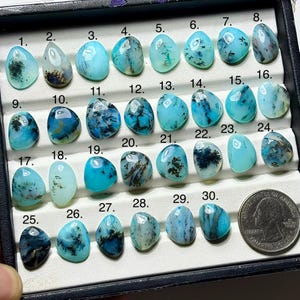 May include: A collection of thirty polished, oval-shaped gemstones in shades of blue, teal, and white, displayed in a black tray. Each stone has unique patterns and inclusions, with a US quarter for size comparison.