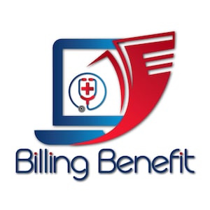 Può includere: Un logo con una silhouette di laptop blu con un simbolo medico rosso e bianco all'interno. Una forma stilizzata rossa e bianca si estende dal laptop. Le parole "Billing Benefit" sono scritte in testo blu curvo.