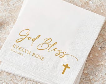 God Bless Baptism Napkins, Gold Cross Napkins, Christening Party Decor, Religious Baby Shower, First Communion Table Decor