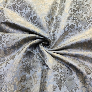 Indian Silk Brocade Fabric, Silk Brocade Fabric By The Yards, Gray and Gold Indian Brocade Fabric, Indian Brocade For Wedding Bridal Dress