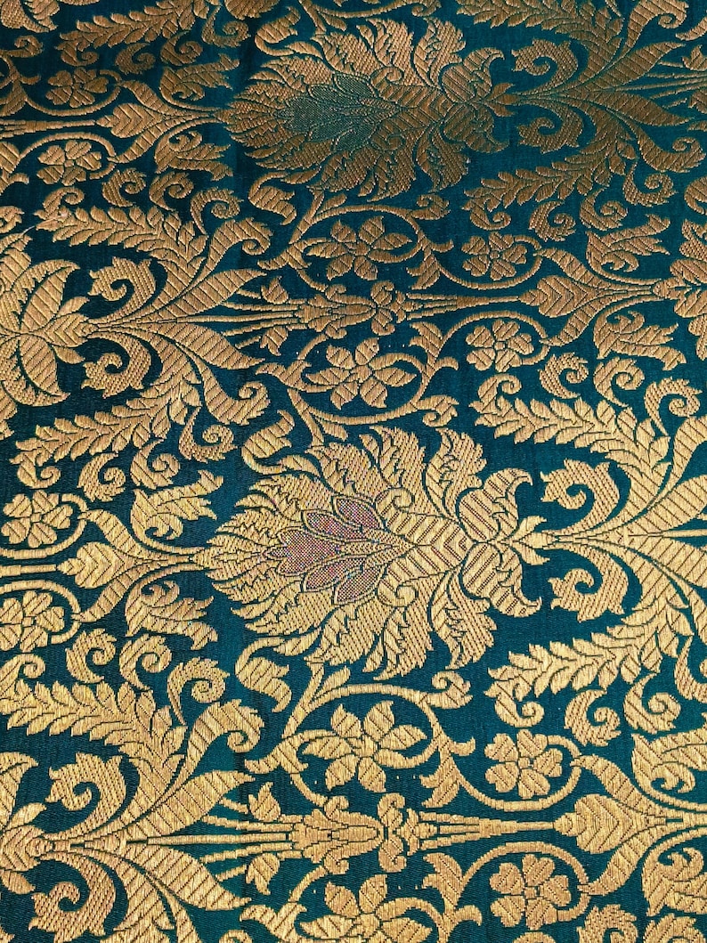 Emerald Green Silk Brocade Fabric: Gold Zari Floral Weave - Etsy