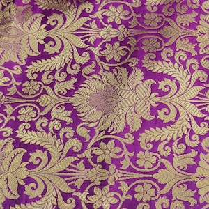 Brocade Fabric By The Yards, Luxurious Floral Brocade Fabric, Purple & Gold Silk Brocade Fabric Wedding Indian Brocade Bridal Dresses Fabric