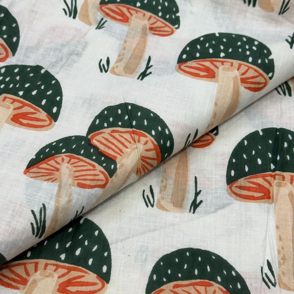 Green Mushroom Print Cotton Fabric - Indian Dressmaking Fabric