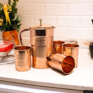 100% Pure Copper Water Jug Pitcher 50 fl oz with Copper Tumblers 8oz, handmade gift, Ayurveda Copper, unique design gift, baptism keepsake