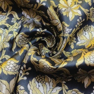 Indian Banarasi Brocade by the Yards, Banarasi Blended Silk Brocade Black & Gold Floral Weaving for Wedding Dresses, Home Decor Fabric