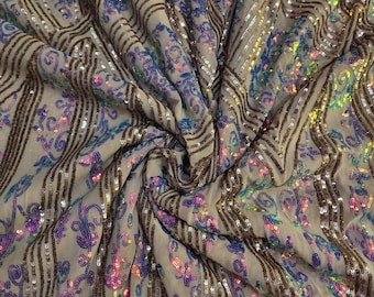 Tessuto elasticizzato con paillettes, arcobaleno iridescente, tessuto per abiti da sposa
