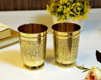 Luxurious Floral Carved Brass Glasses | Handcrafted Home Decor | Anniversary Gift | Gift for Her & Mom
