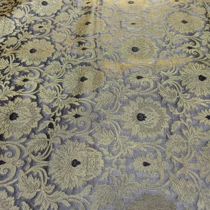Charcoal Silk Brocade Fabric: Gold Floral Indian Wedding Dress Material