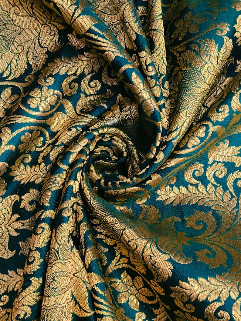 Emerald Green Silk Brocade Fabric: Gold Zari Floral Weave - Etsy