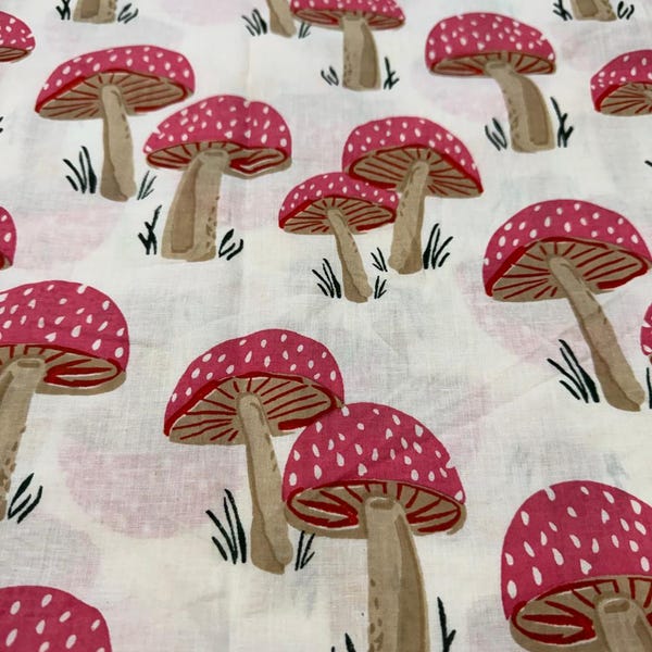 Pink Mushroom Print Cotton Fabric - Indian Dressmaking Fabric