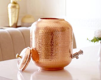 100% Pure Copper water Dispenser Set Drinking Water, Copper Hammered Pitcher High Quality Copper Jug Handmade India Ayurveda Yoga Healthy