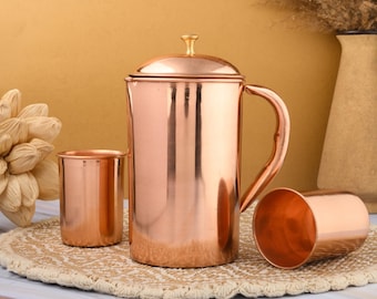 100% Pure Copper Water Pitcher Set, Handmade Copper Jug with Cups, Leak-Proof Ayurveda Copper Water Set, Perfect Birthday Gift for Him