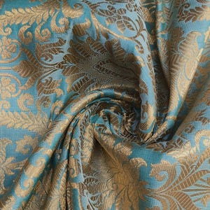 Luxurious Silk Brocade Fabric, Brocade Fabric By The Yards, Sea Green & Gold Brocade Fabric, Wedding Indian Brocade Bridal Dresses Fabric