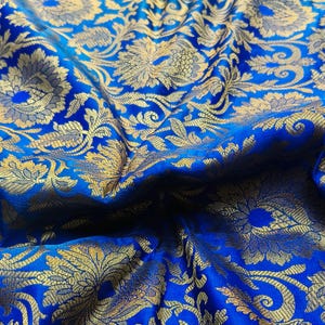 Blue & Gold Floral Brocade Fabric: Indian Silk Bridal Wedding Dress Material