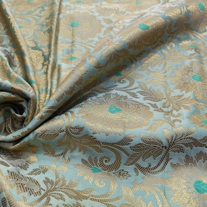 Mint Green Floral Silk Brocade Fabric, Brocade Fabric By The Yards, Indian Brocade Fabric, Wedding Indian Brocade Bridal Dresses Fabric