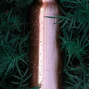 K&ouml;nnte beinhalten: Eine kupferfarbene Wasserflasche mit zylindrischer Form, bedeckt mit Wassertropfen. Die Flasche ist von gr&uuml;nem Laub umgeben, was einen nat&uuml;rlichen Hintergrund bildet. Das Kupfer hat eine polierte, reflektierende Oberfl&auml;che.