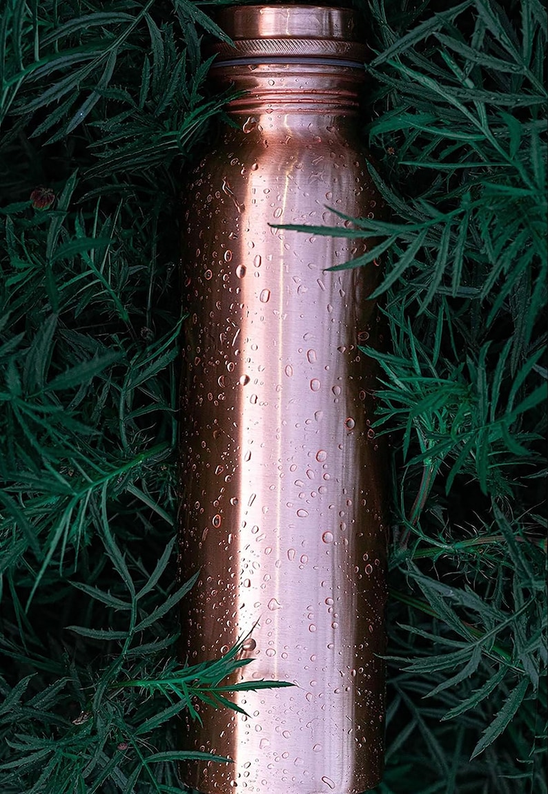 K&ouml;nnte beinhalten: Eine kupferfarbene Wasserflasche mit zylindrischer Form, bedeckt mit Wassertropfen. Die Flasche ist von gr&uuml;nem Laub umgeben, was einen nat&uuml;rlichen Hintergrund bildet. Das Kupfer hat eine polierte, reflektierende Oberfl&auml;che.