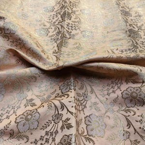 Indian Silk Brocade Fabric, Silk Brocade Fabric By The Yard, Peach and Silver Indian Brocade Fabric, Indian Brocade For Wedding Bridal Dress