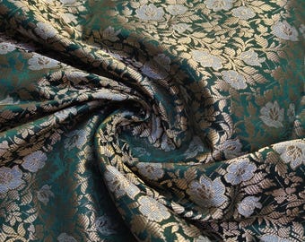 Green Silk Brocade Fabric, Silver Zari Weave, Bridal Wedding Fabric